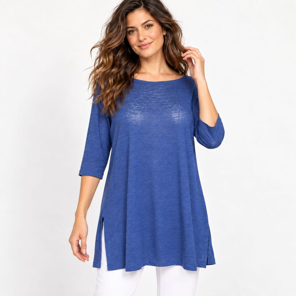 Eileen Fisher Organic Linen Tunic L Blue Bateau Neck 3/4 Sleeve Lagenlook